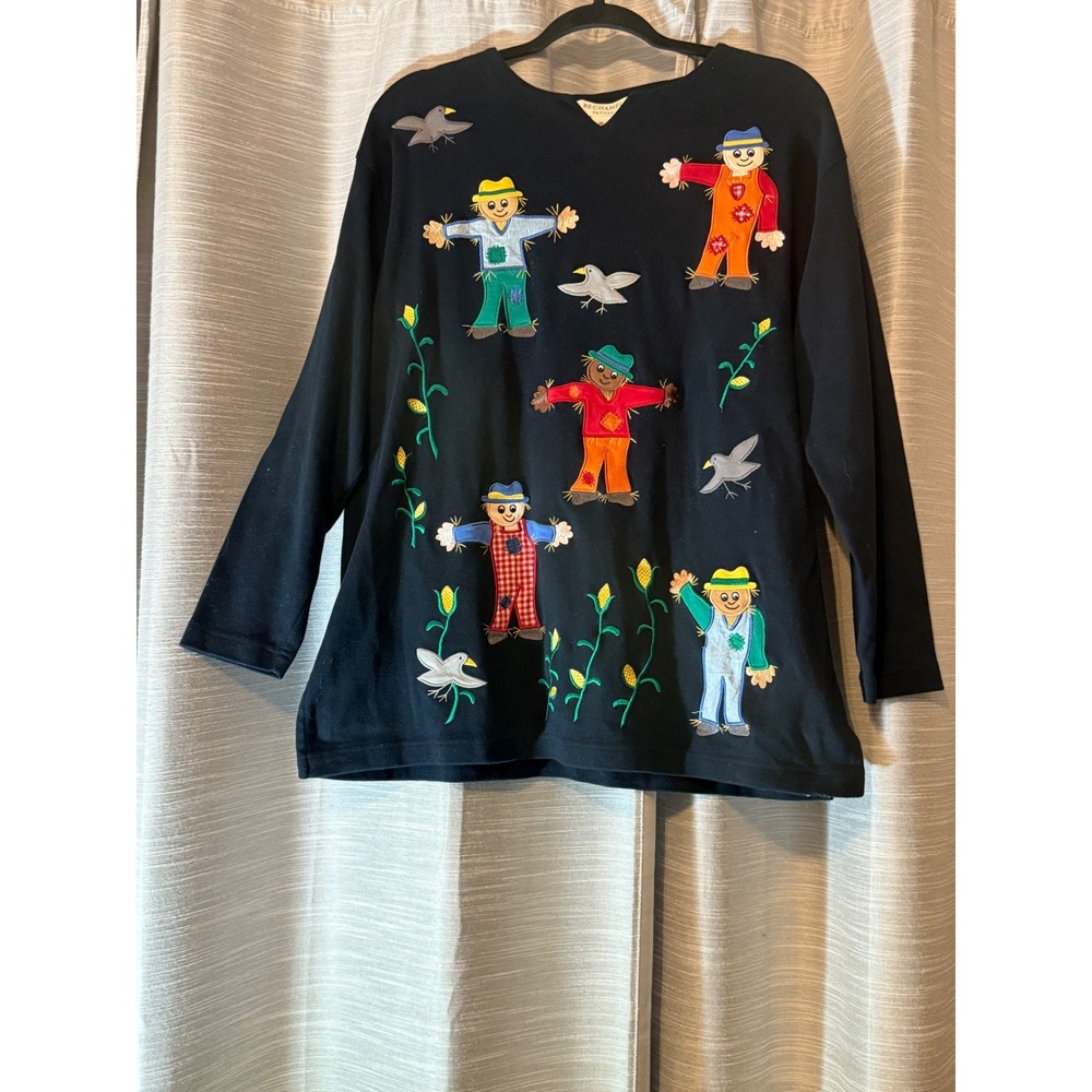 90s VTG Bechamel Black Embroidered Scarecrow Fall Harvest Pullover Top Sz PL
